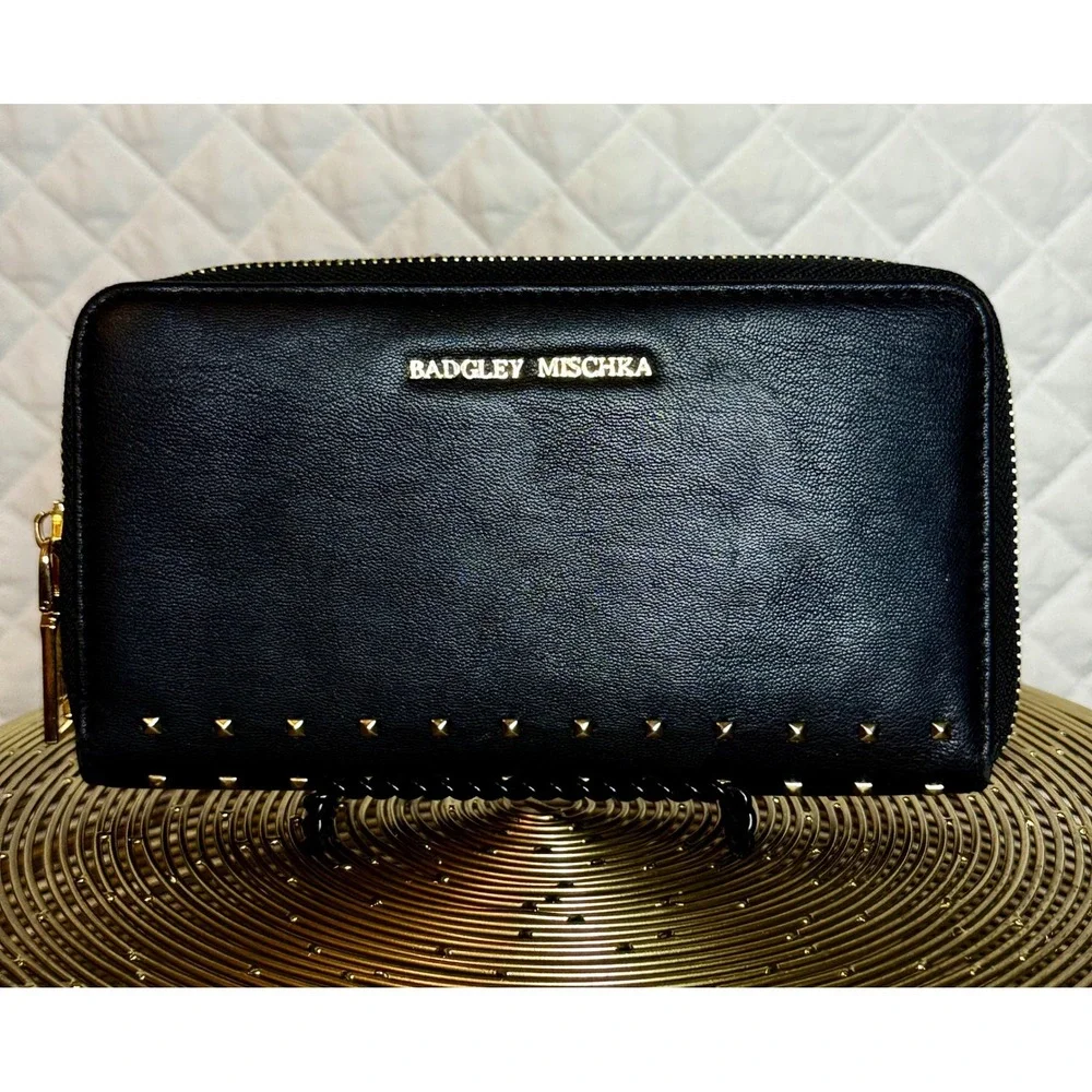 Badgley Mischka Black Studded Zip Around Wallet Gold Hardware Logo Long Clutch